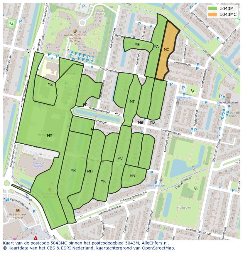 Afbeelding van het postcodegebied 5043 MC op de kaart.