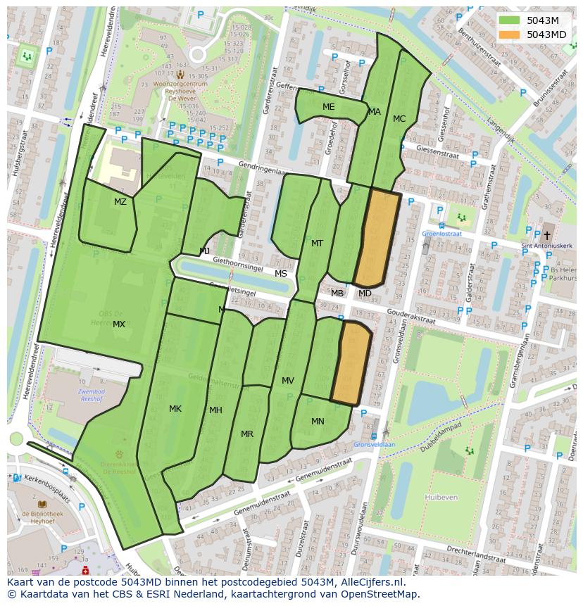 Afbeelding van het postcodegebied 5043 MD op de kaart.