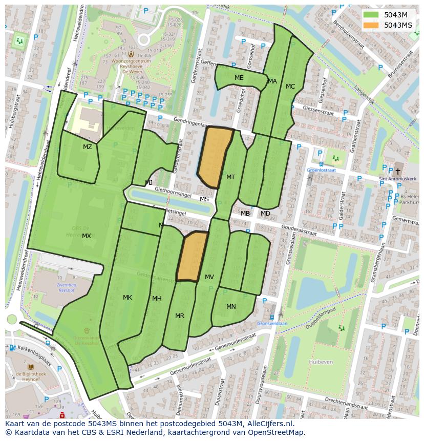 Afbeelding van het postcodegebied 5043 MS op de kaart.