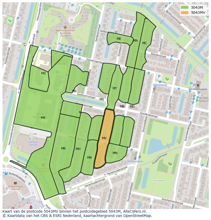 Afbeelding van het postcodegebied 5043 MV op de kaart.