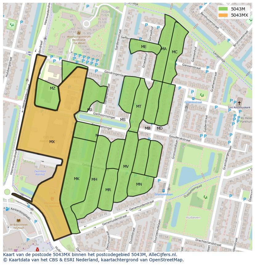 Afbeelding van het postcodegebied 5043 MX op de kaart.