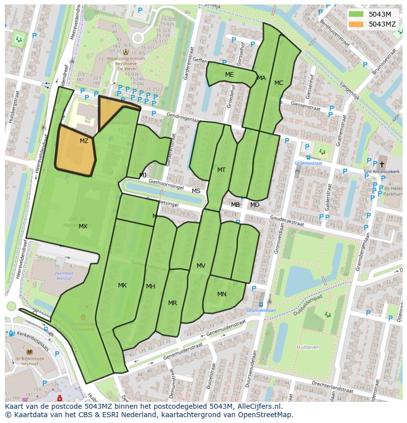 Afbeelding van het postcodegebied 5043 MZ op de kaart.