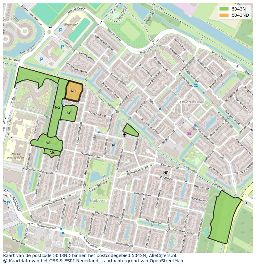 Afbeelding van het postcodegebied 5043 ND op de kaart.