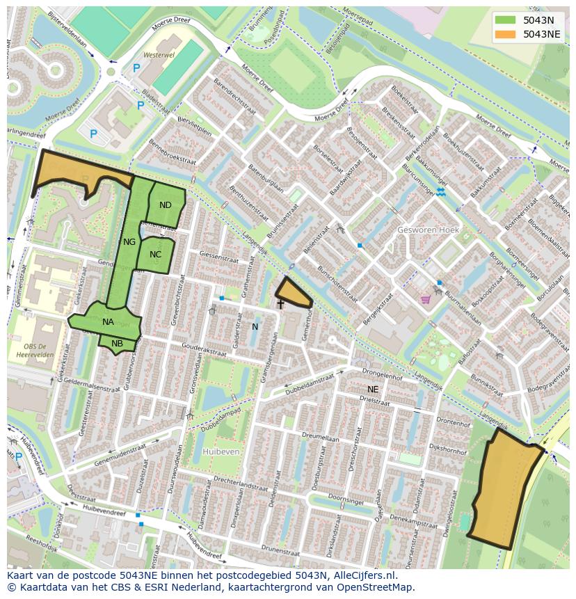 Afbeelding van het postcodegebied 5043 NE op de kaart.