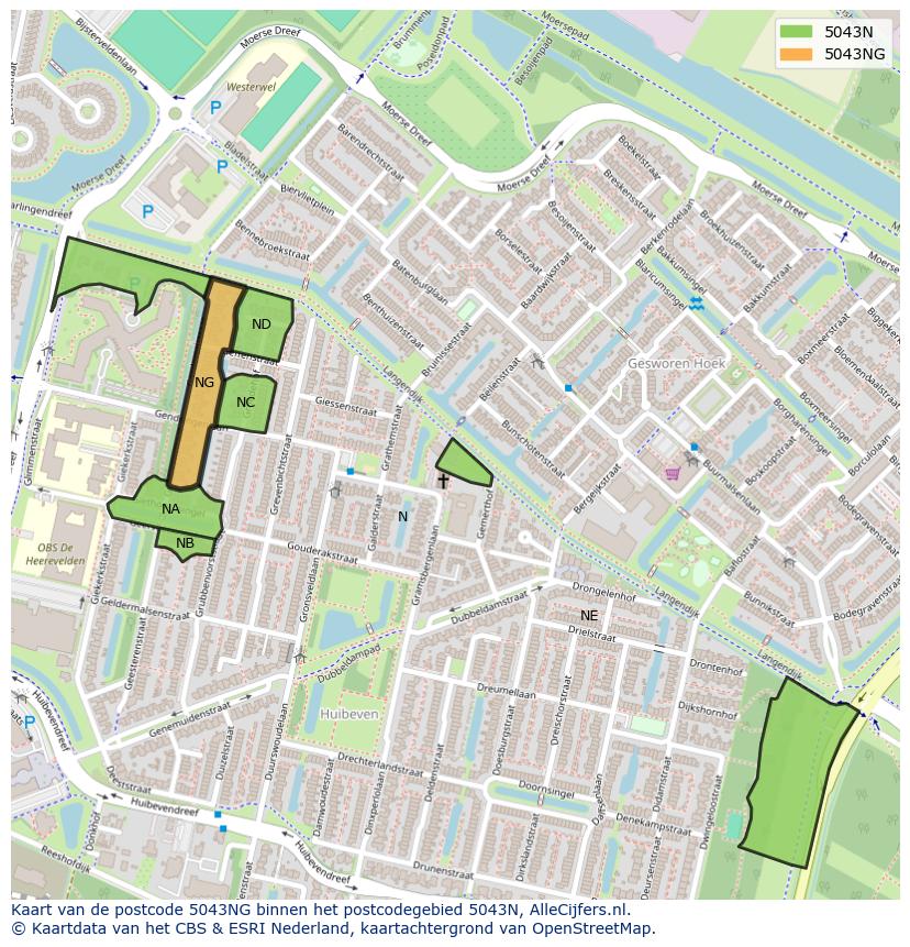 Afbeelding van het postcodegebied 5043 NG op de kaart.