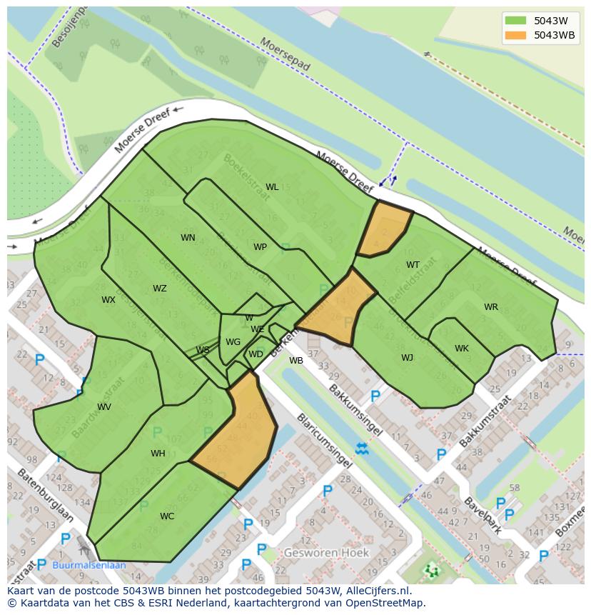 Afbeelding van het postcodegebied 5043 WB op de kaart.