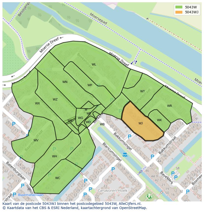Afbeelding van het postcodegebied 5043 WJ op de kaart.