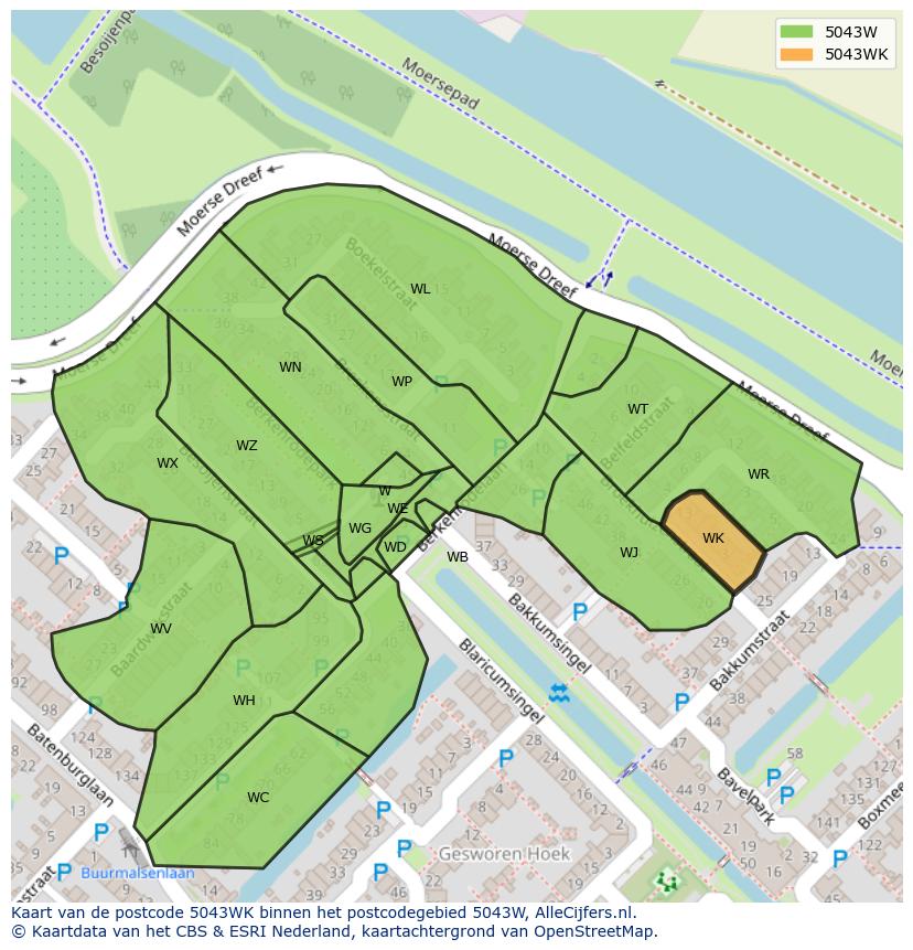 Afbeelding van het postcodegebied 5043 WK op de kaart.