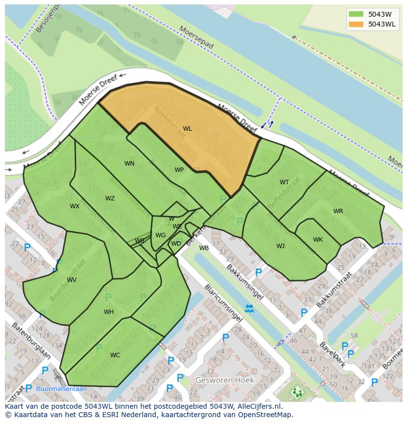 Afbeelding van het postcodegebied 5043 WL op de kaart.