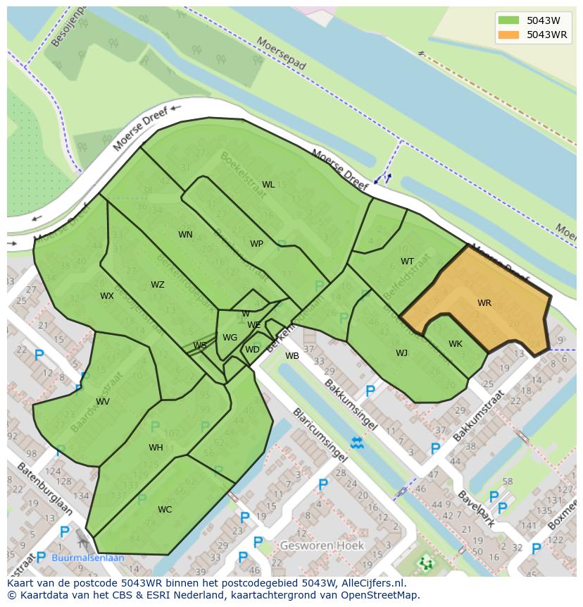 Afbeelding van het postcodegebied 5043 WR op de kaart.