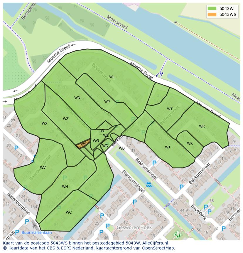 Afbeelding van het postcodegebied 5043 WS op de kaart.