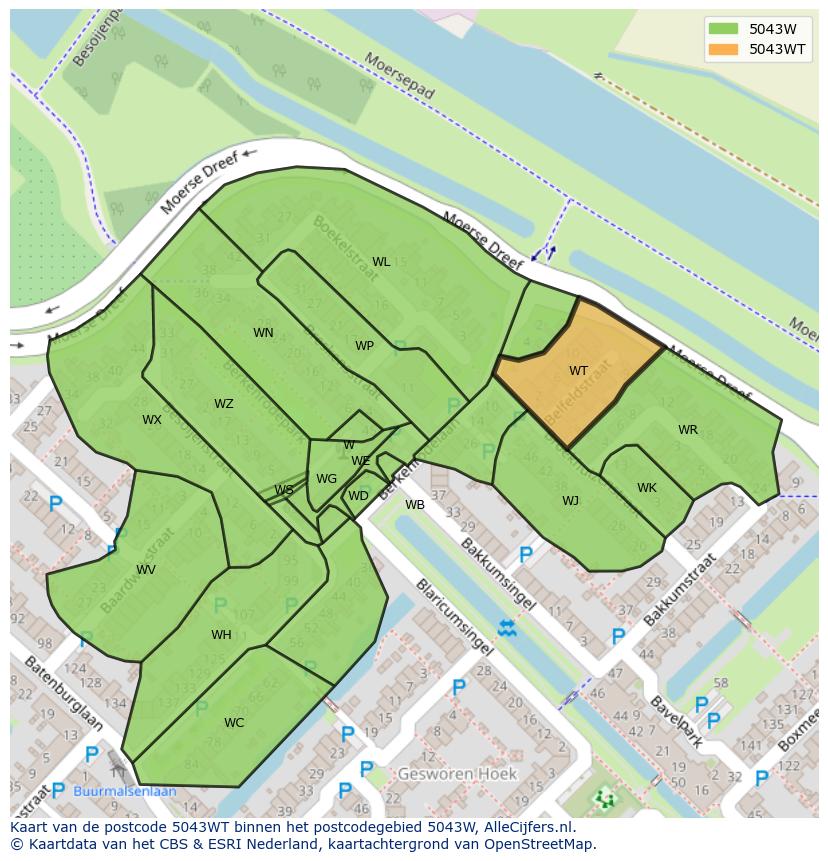 Afbeelding van het postcodegebied 5043 WT op de kaart.