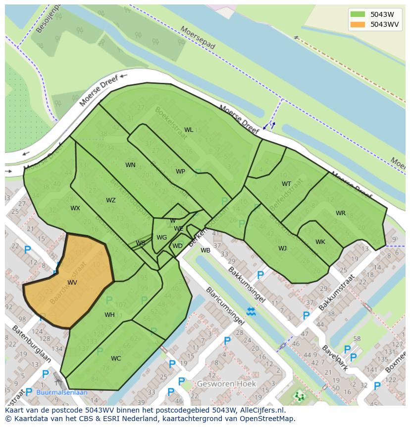 Afbeelding van het postcodegebied 5043 WV op de kaart.
