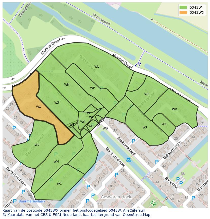 Afbeelding van het postcodegebied 5043 WX op de kaart.