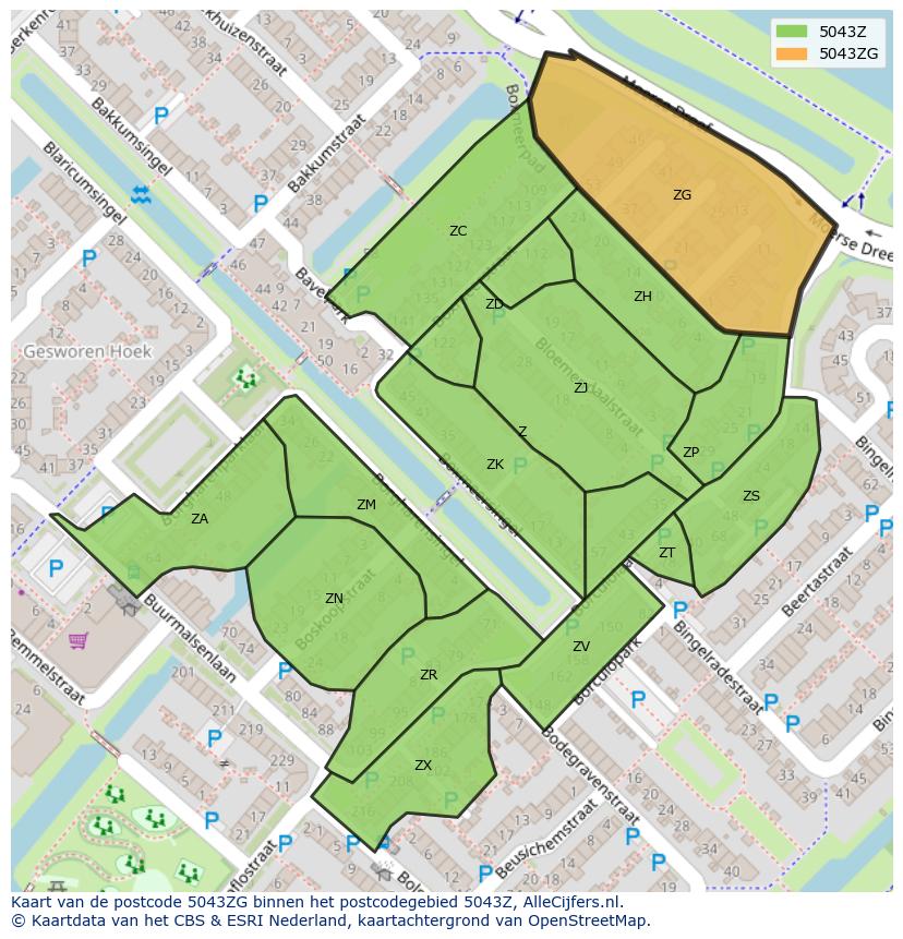 Afbeelding van het postcodegebied 5043 ZG op de kaart.
