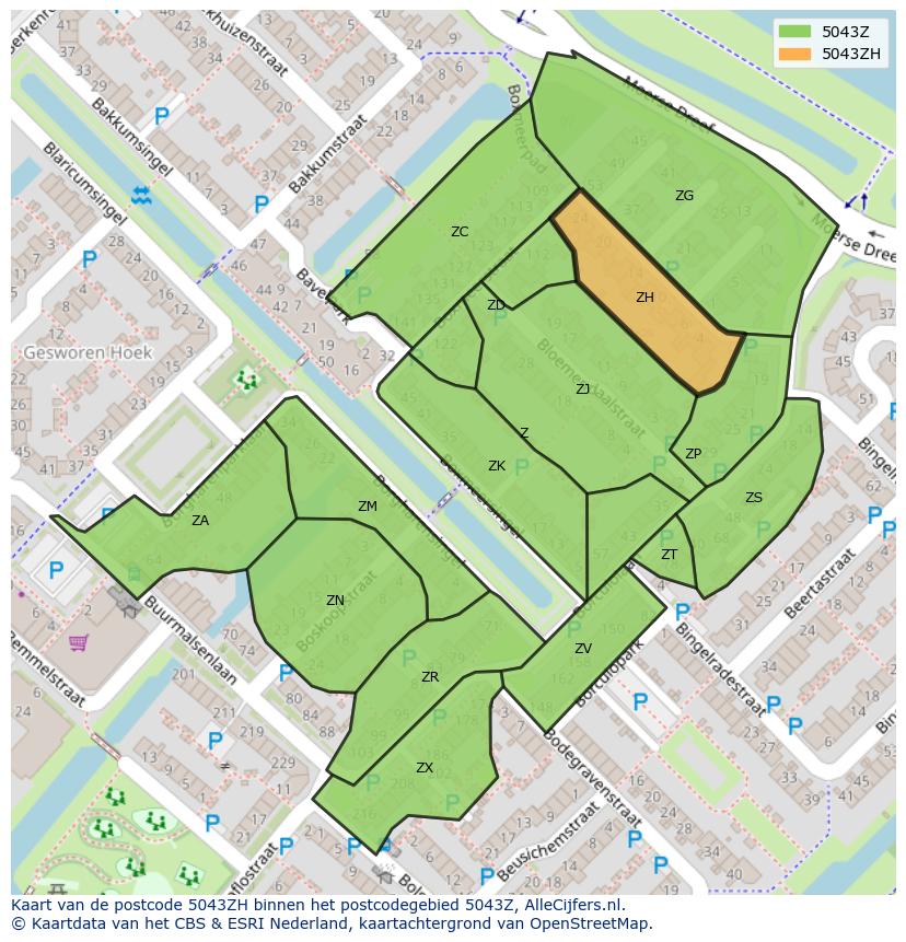 Afbeelding van het postcodegebied 5043 ZH op de kaart.