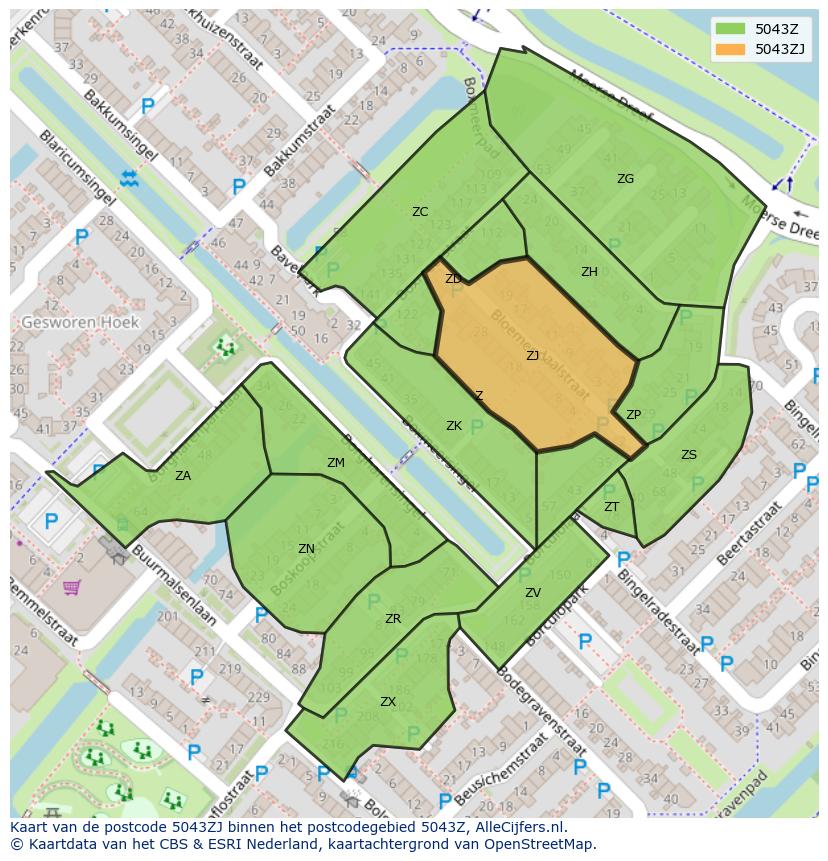 Afbeelding van het postcodegebied 5043 ZJ op de kaart.