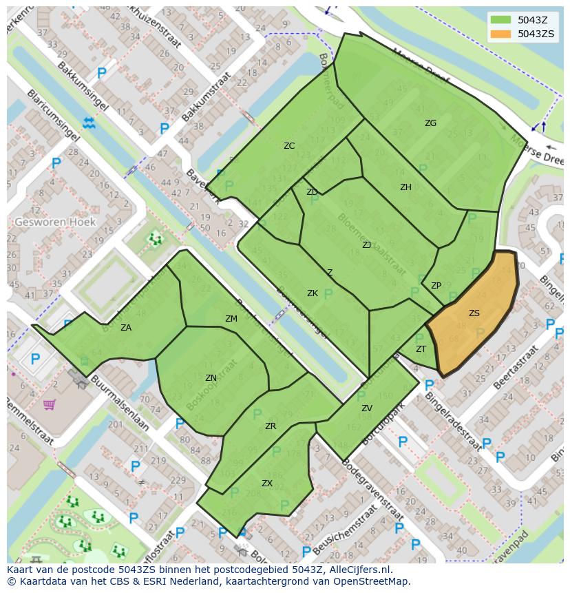 Afbeelding van het postcodegebied 5043 ZS op de kaart.
