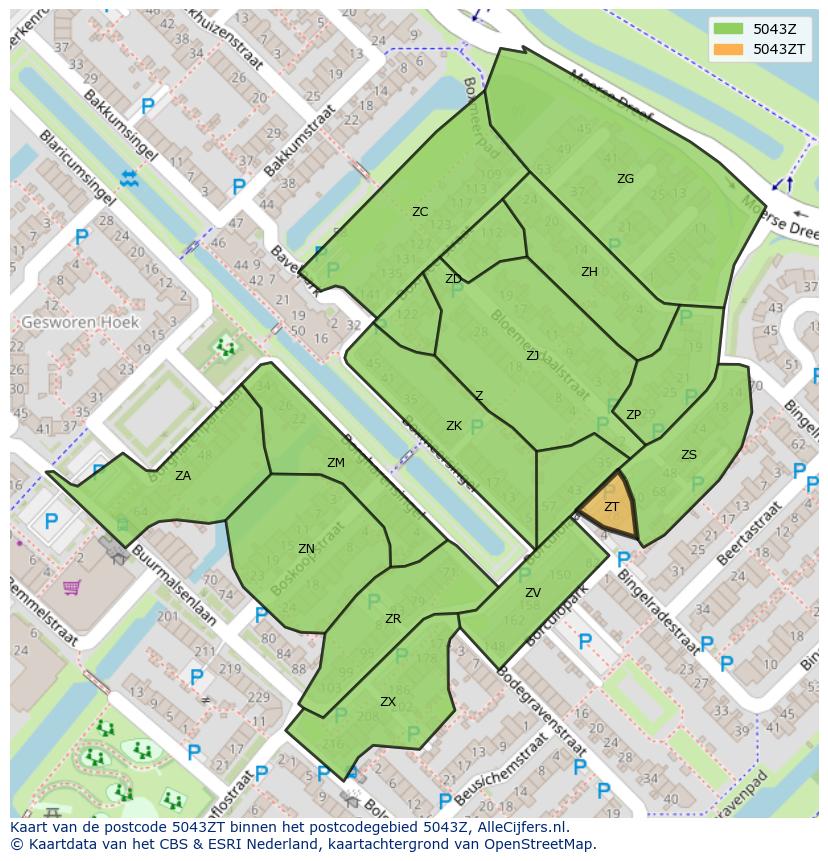 Afbeelding van het postcodegebied 5043 ZT op de kaart.