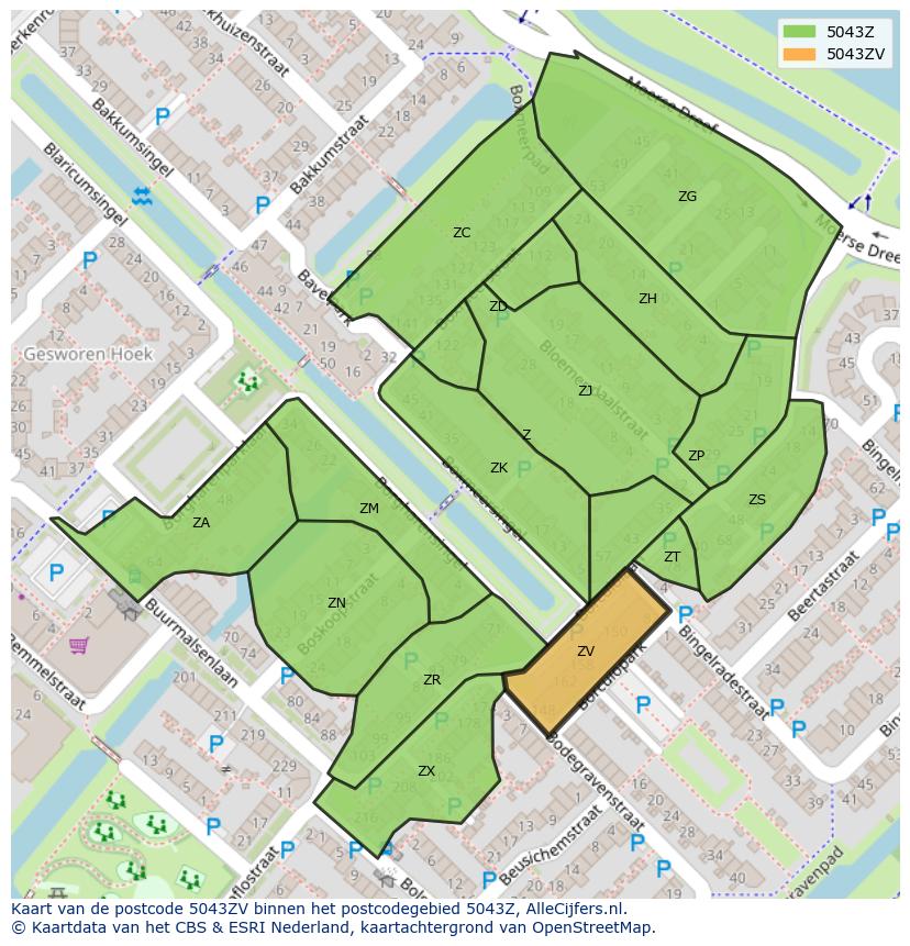 Afbeelding van het postcodegebied 5043 ZV op de kaart.