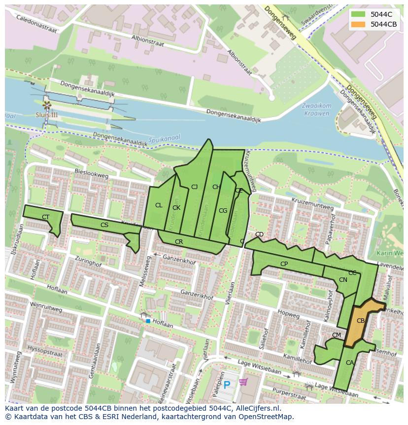 Afbeelding van het postcodegebied 5044 CB op de kaart.