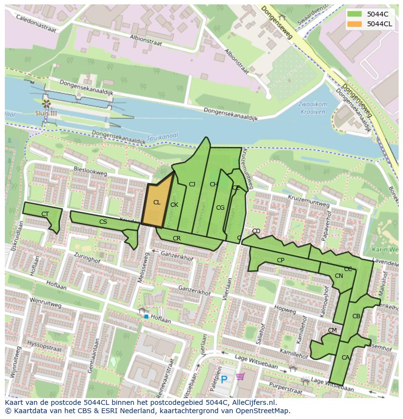 Afbeelding van het postcodegebied 5044 CL op de kaart.