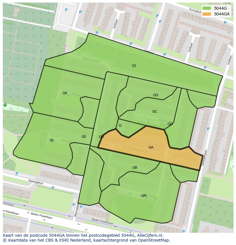 Afbeelding van het postcodegebied 5044 GA op de kaart.