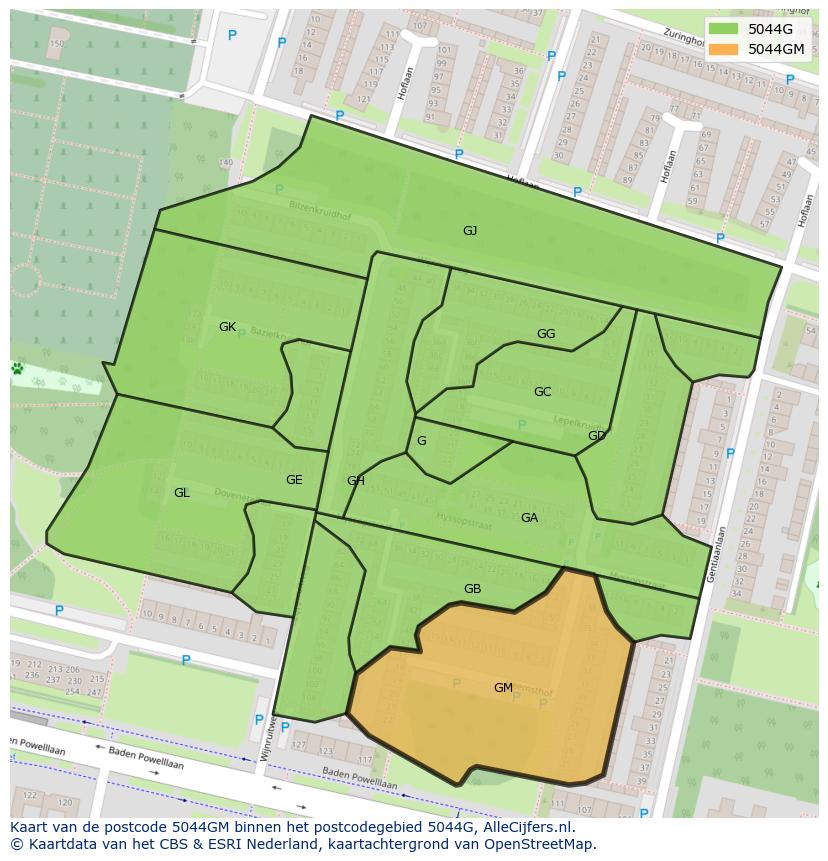 Afbeelding van het postcodegebied 5044 GM op de kaart.