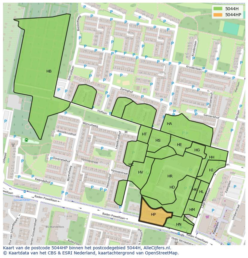 Afbeelding van het postcodegebied 5044 HP op de kaart.