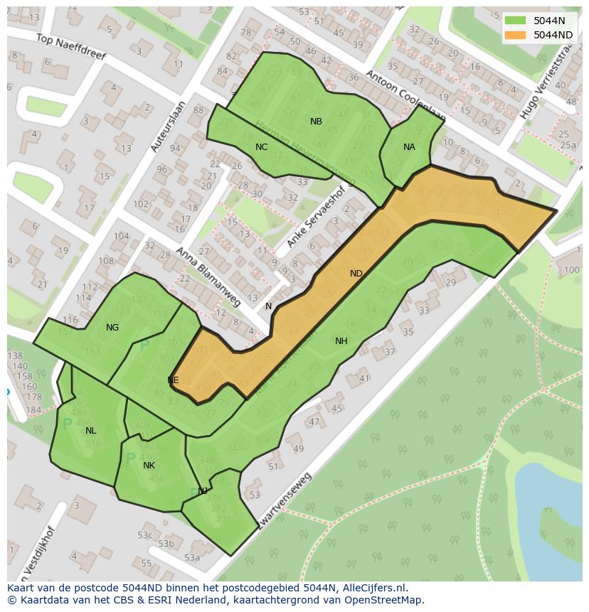 Afbeelding van het postcodegebied 5044 ND op de kaart.
