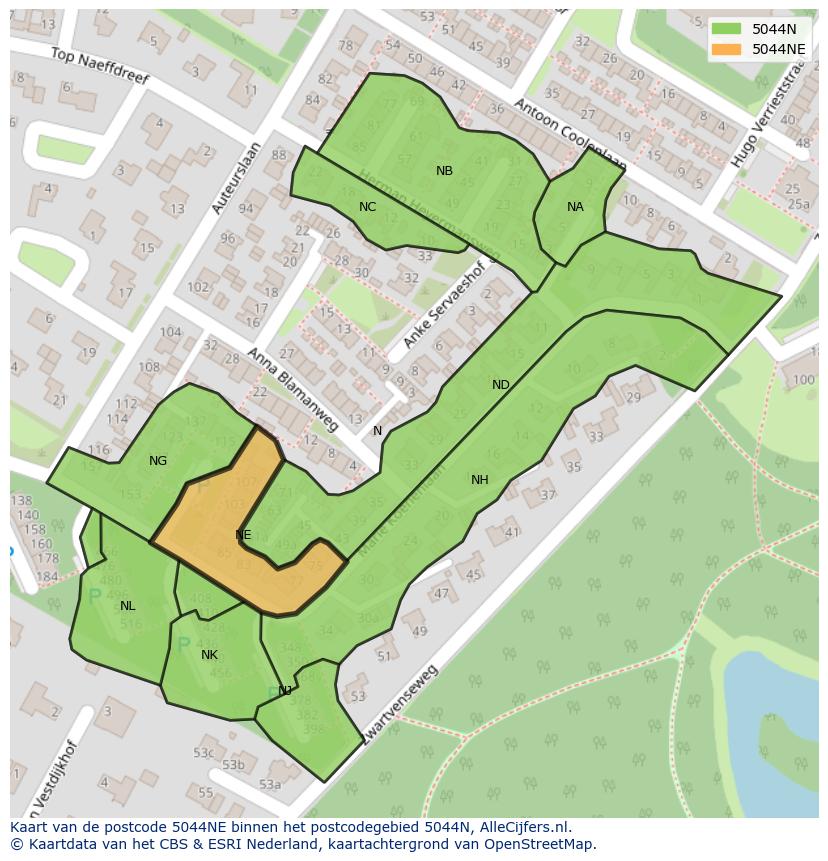 Afbeelding van het postcodegebied 5044 NE op de kaart.