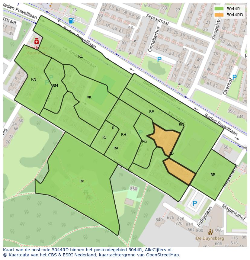 Afbeelding van het postcodegebied 5044 RD op de kaart.