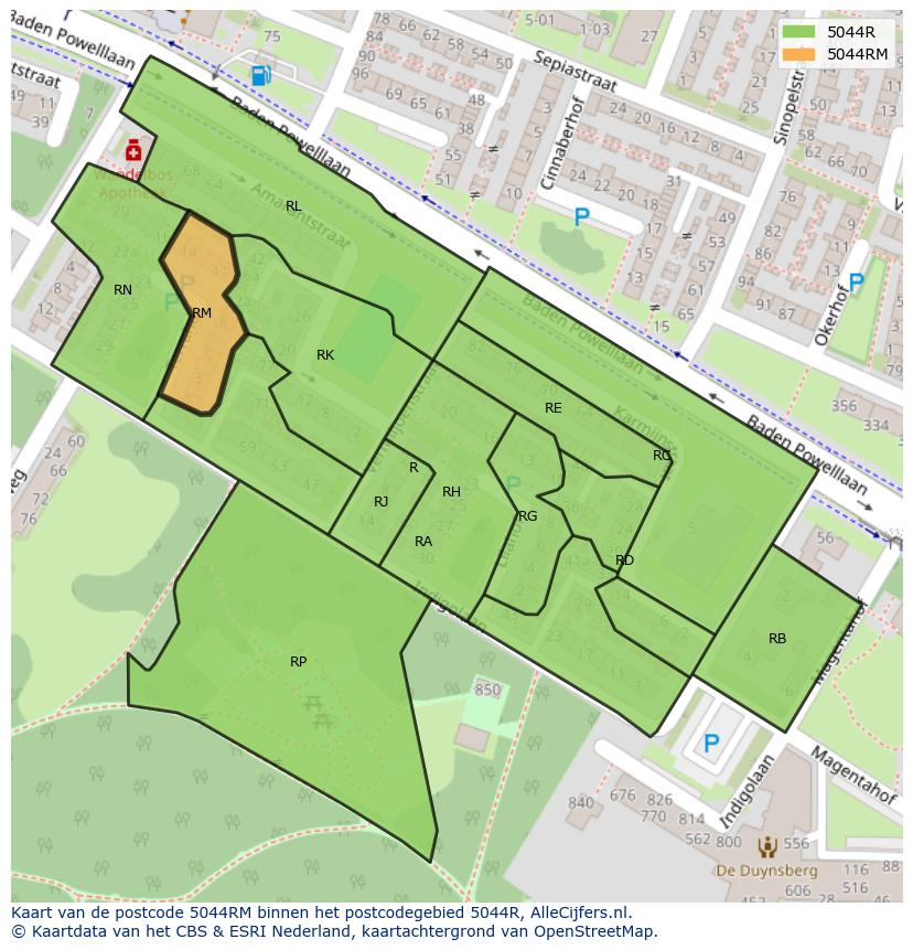 Afbeelding van het postcodegebied 5044 RM op de kaart.