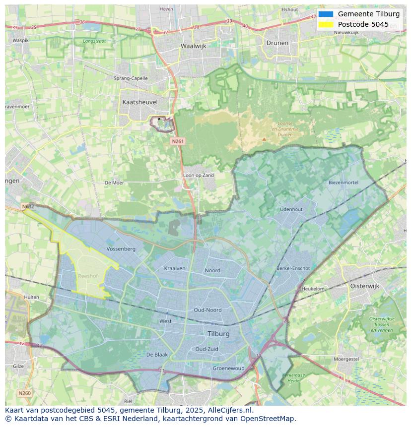 Afbeelding van het postcodegebied 5045 op de kaart.