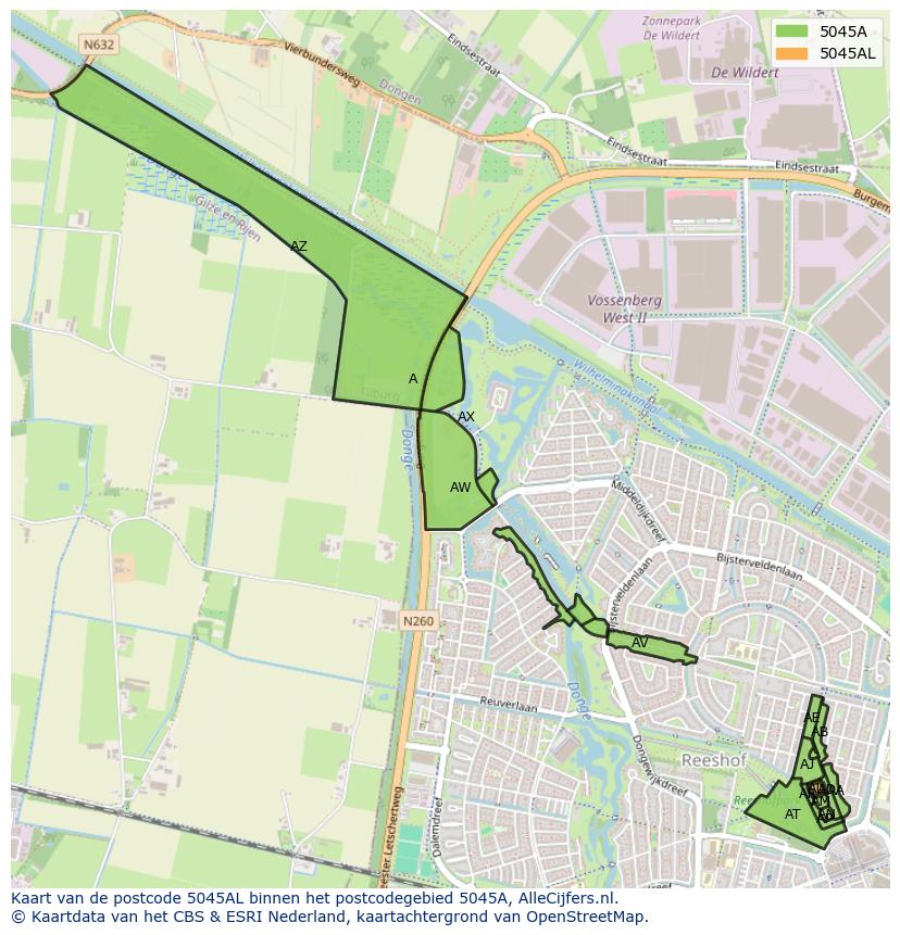Afbeelding van het postcodegebied 5045 AL op de kaart.