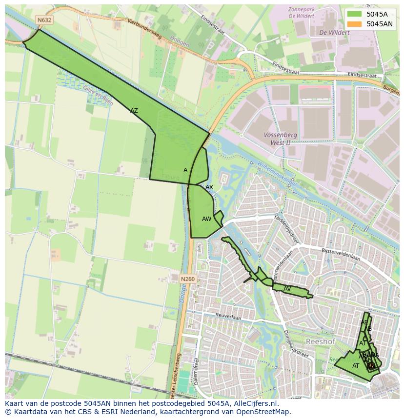 Afbeelding van het postcodegebied 5045 AN op de kaart.