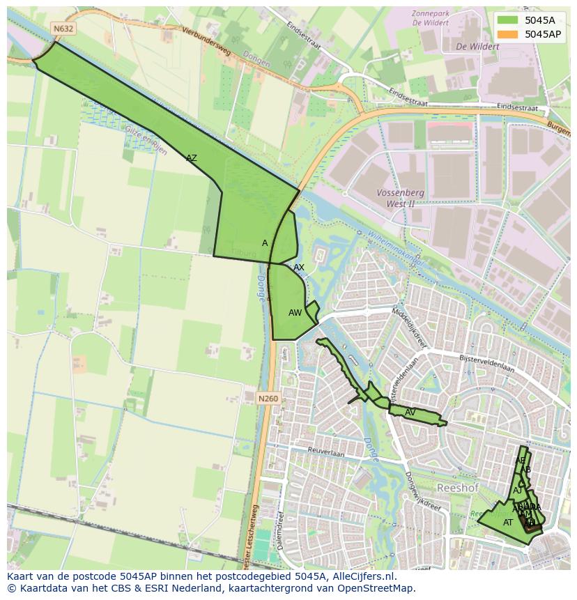 Afbeelding van het postcodegebied 5045 AP op de kaart.