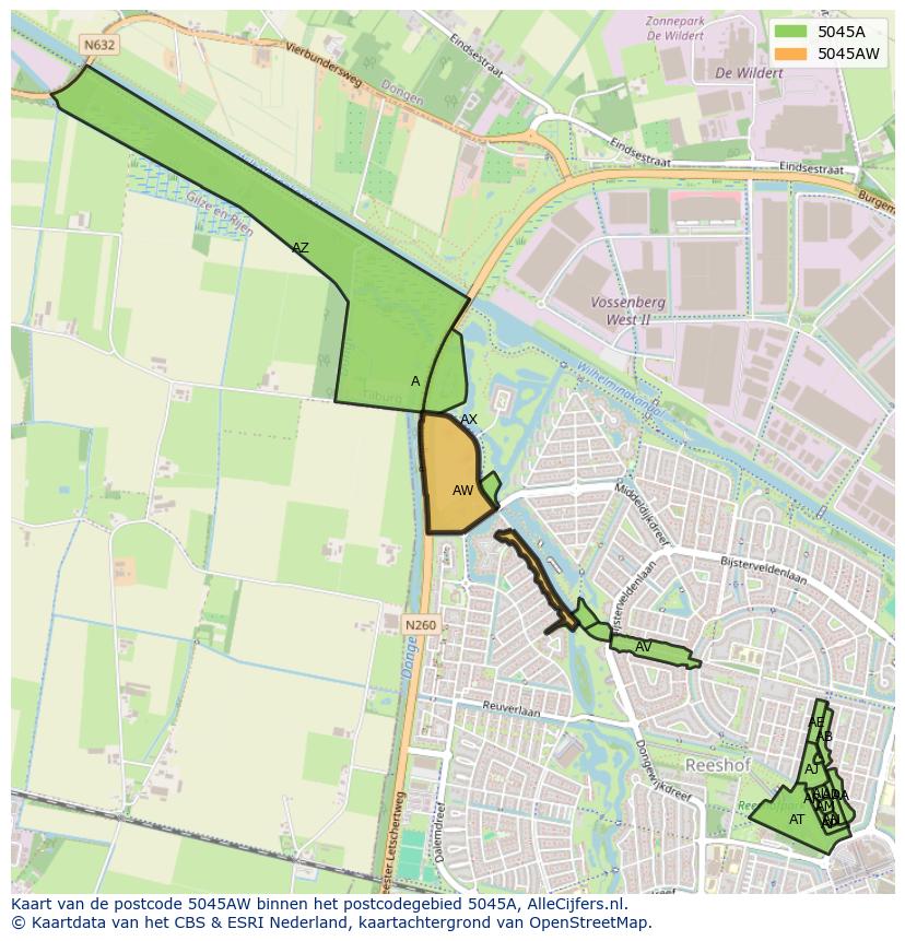 Afbeelding van het postcodegebied 5045 AW op de kaart.