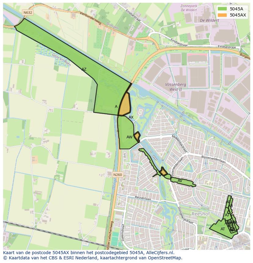 Afbeelding van het postcodegebied 5045 AX op de kaart.