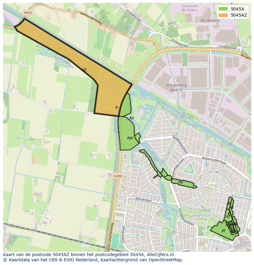 Afbeelding van het postcodegebied 5045 AZ op de kaart.