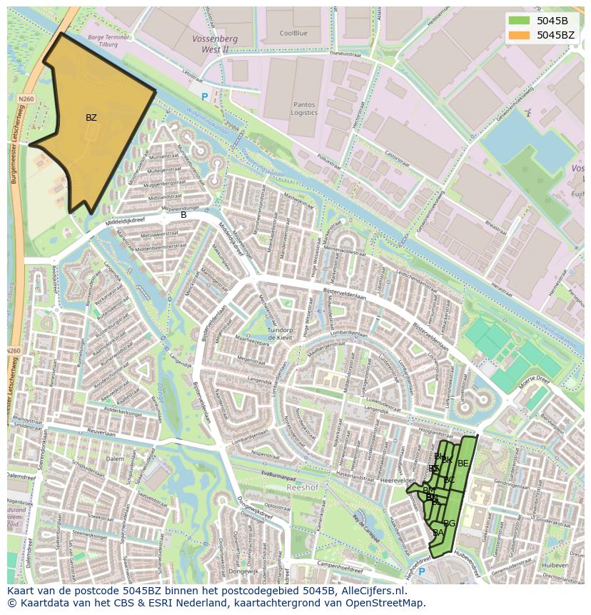 Afbeelding van het postcodegebied 5045 BZ op de kaart.