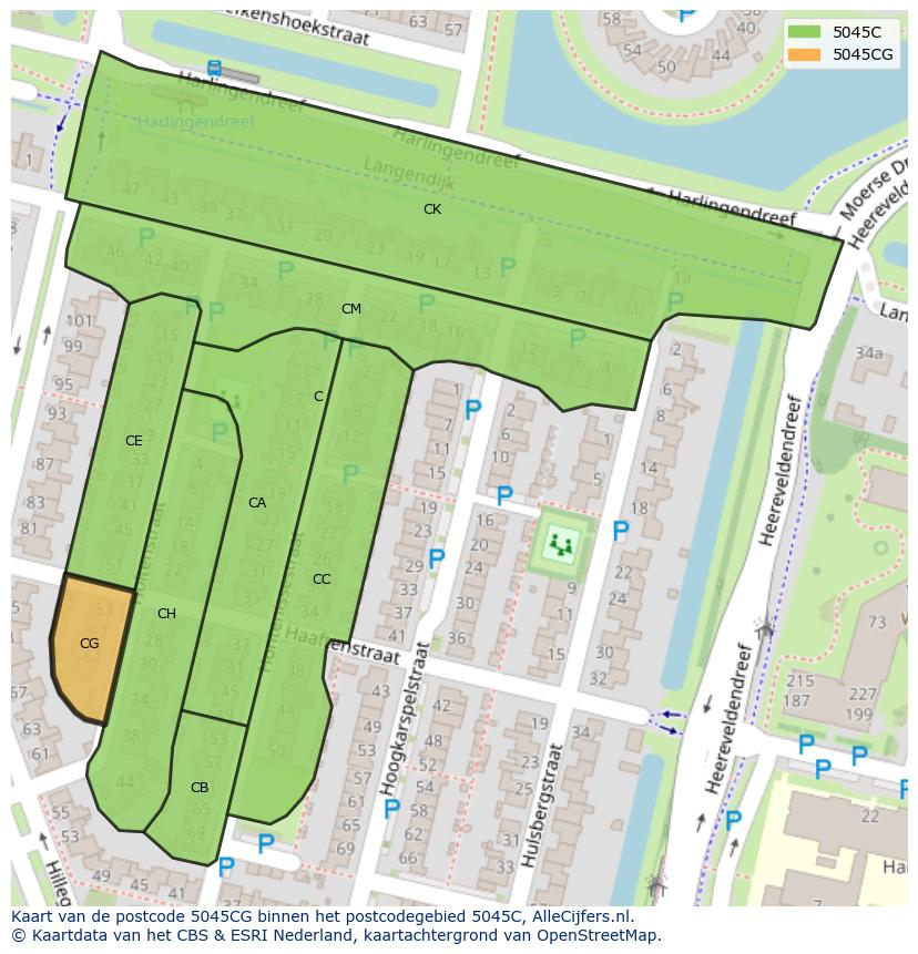 Afbeelding van het postcodegebied 5045 CG op de kaart.