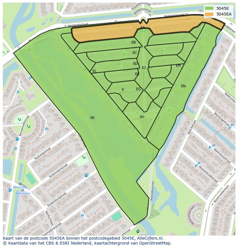 Afbeelding van het postcodegebied 5045 EA op de kaart.