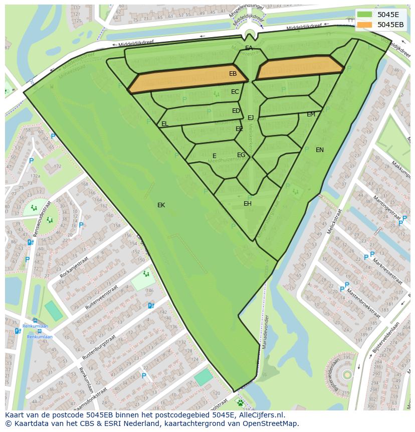 Afbeelding van het postcodegebied 5045 EB op de kaart.