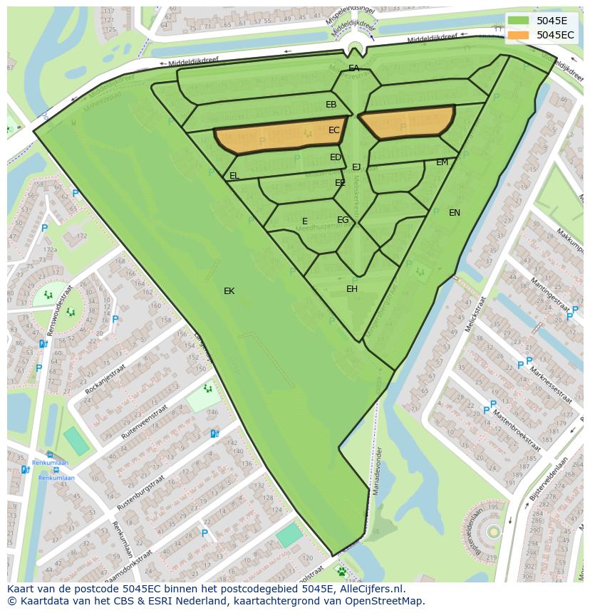 Afbeelding van het postcodegebied 5045 EC op de kaart.