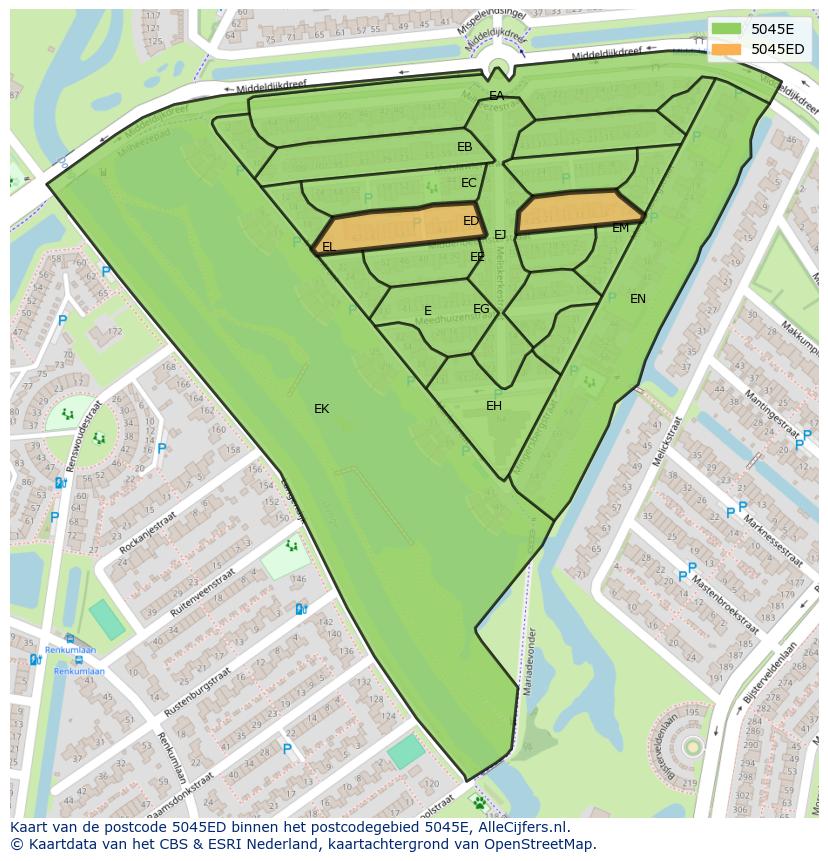 Afbeelding van het postcodegebied 5045 ED op de kaart.