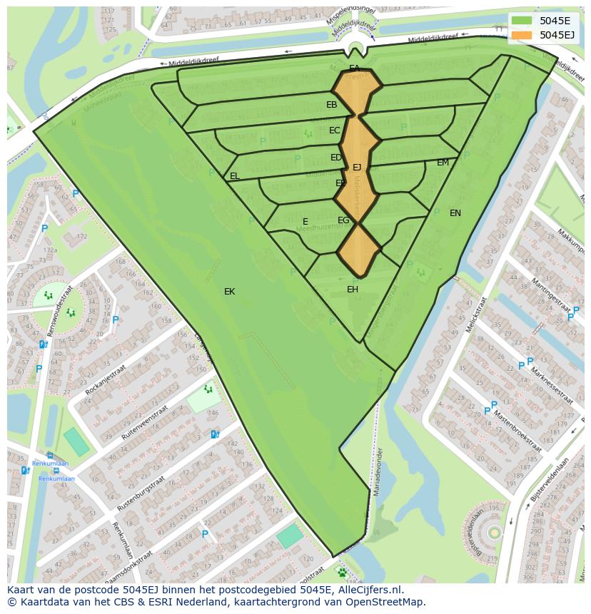 Afbeelding van het postcodegebied 5045 EJ op de kaart.