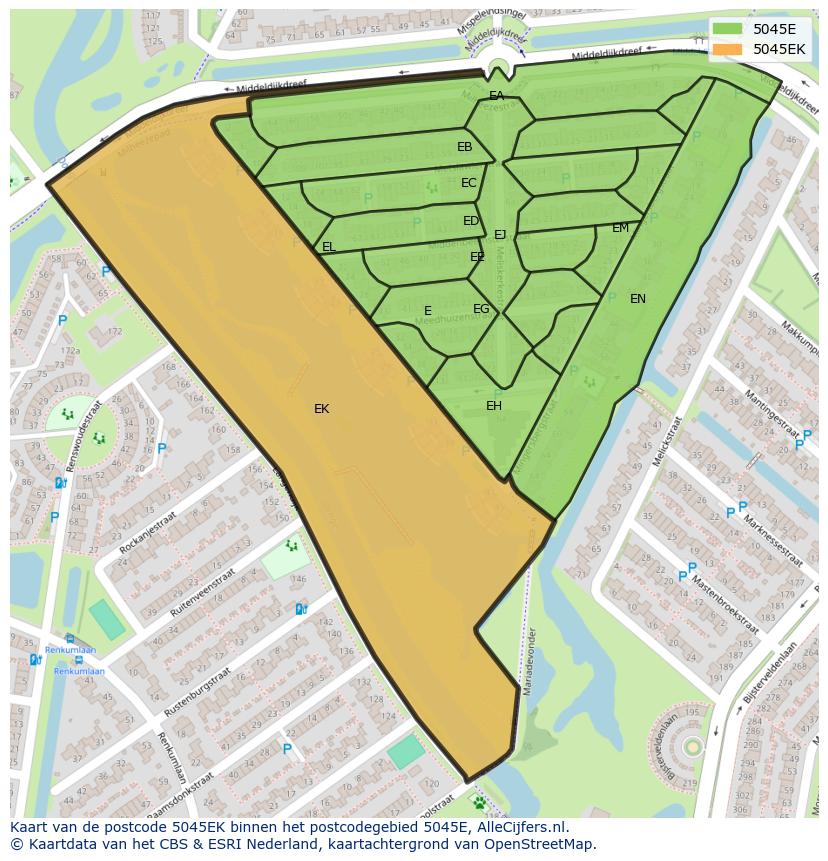 Afbeelding van het postcodegebied 5045 EK op de kaart.