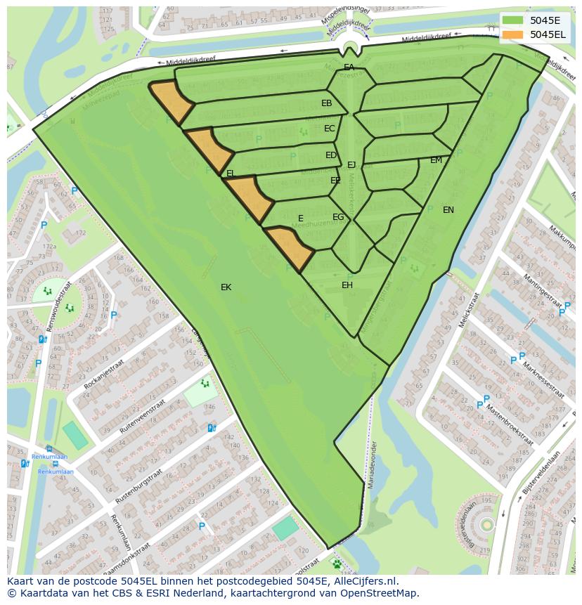 Afbeelding van het postcodegebied 5045 EL op de kaart.