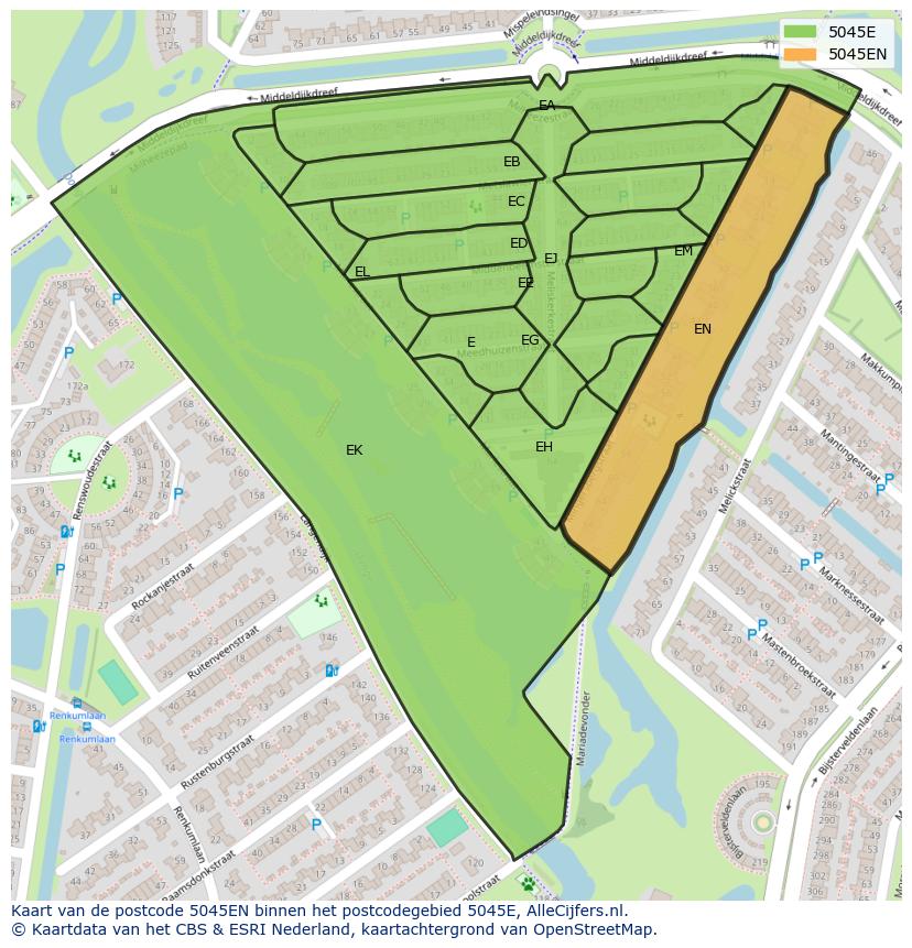 Afbeelding van het postcodegebied 5045 EN op de kaart.